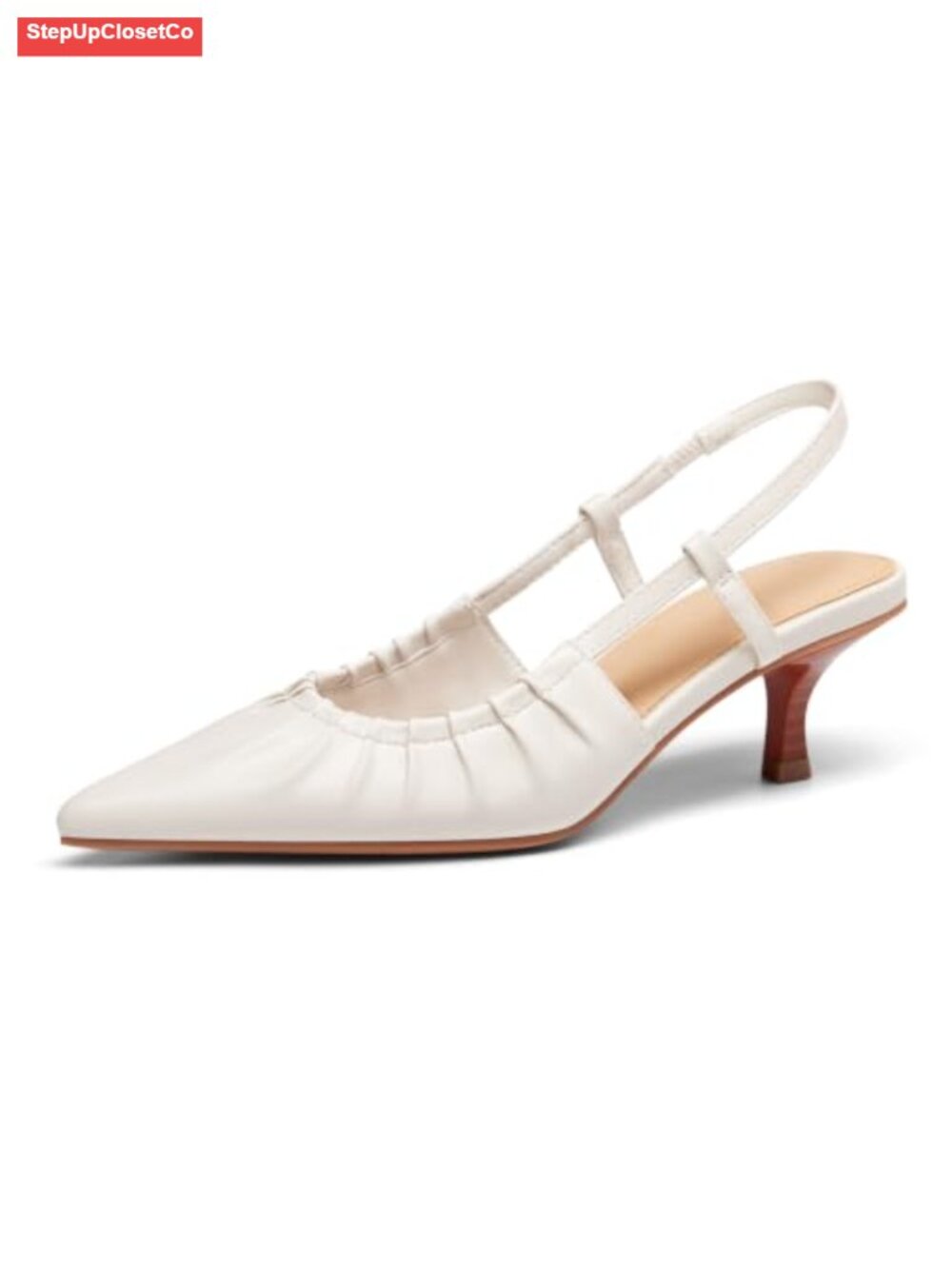 Womens Slingback Kitten Heels Pointed Toe Slip On Pleated PU Leather Dress Shoes